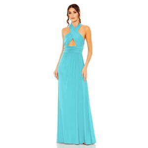 NWT Mac Duggal Cross Halter Neck Ruched Gown Aqua 2 #A0094